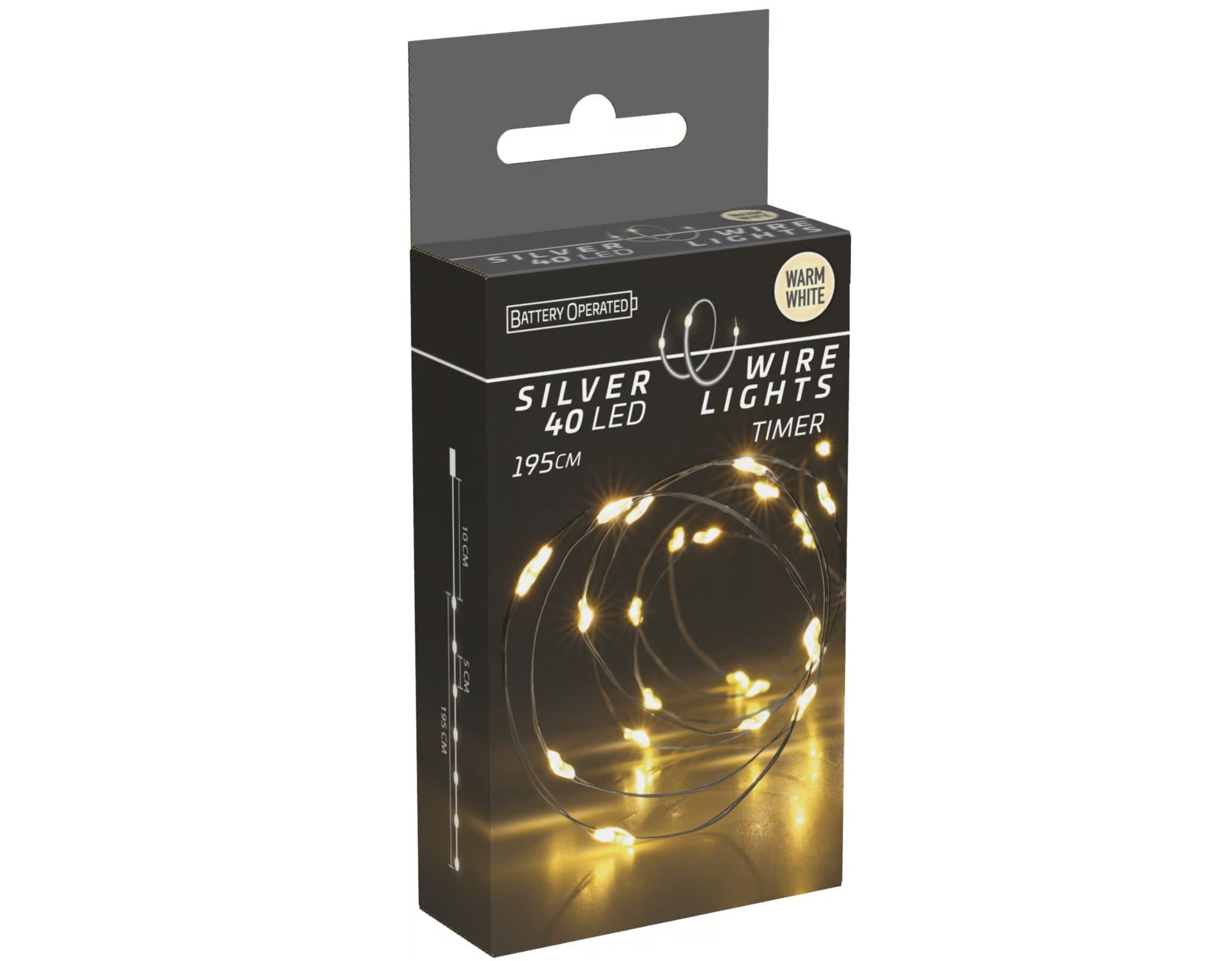 LED-Lichterkette warmweiß, Batteriebetrieben, 40 LEDs, Silberdraht, Innen, 1,95m