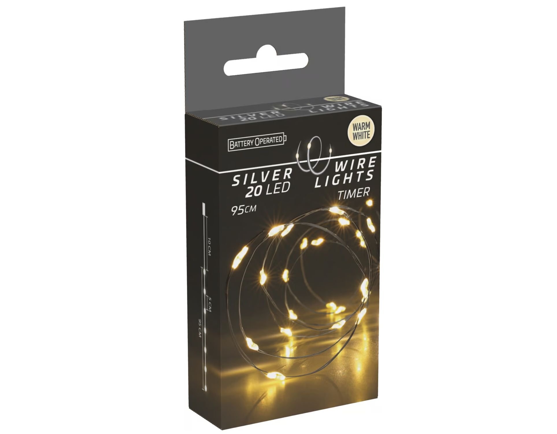 LED-Lichterkette warmweiß, Batteriebetrieben, 20 LEDs, Silberdraht, Innen, 0,95m