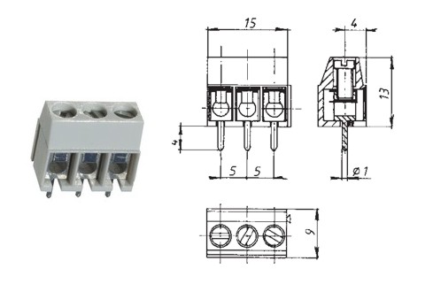 Leiterplatten-Anreihklemme 3-polig mit Drahtschutz RM5