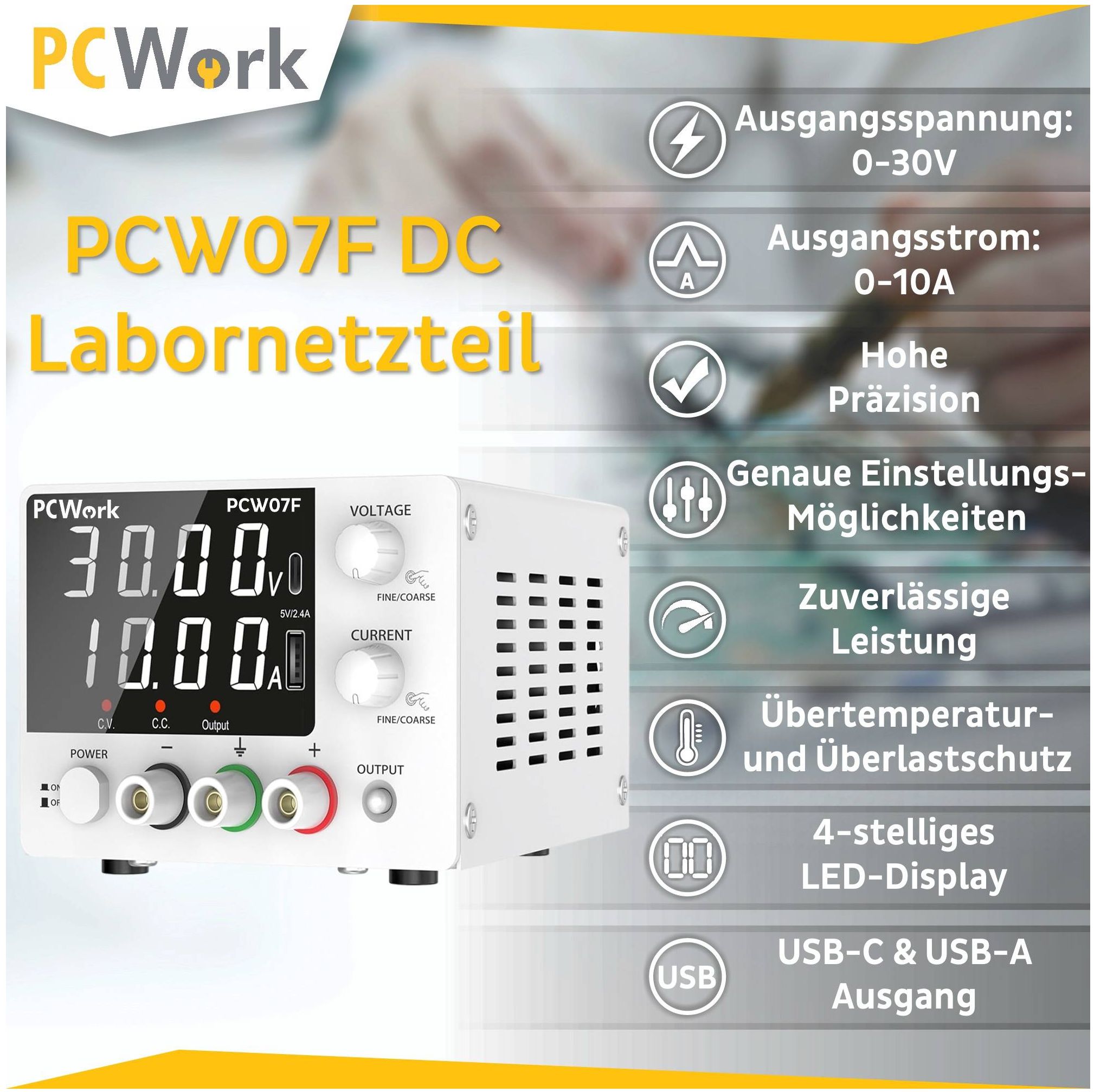 Labornetzteil 0-30V / 10A DC | 300W regelbares Tischnetzgerät mit USB & Typ-C