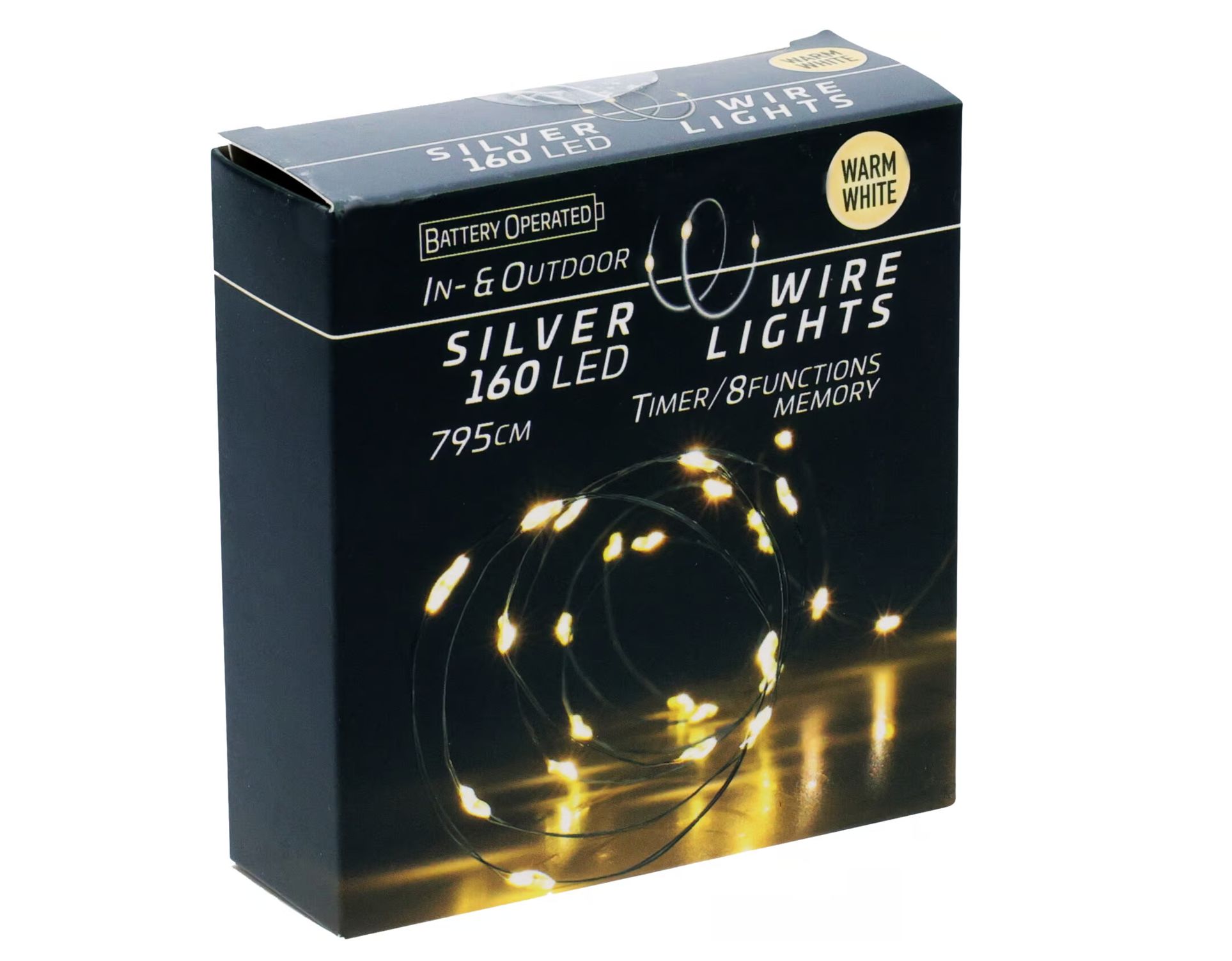 LED-Lichterkette warmweiß, Batteriebetrieben, 160 LEDs, Silberdraht, Innen/Außen, 7,95m