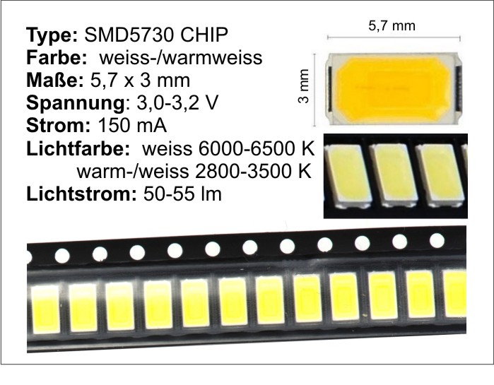 SMD LED 5730 CHIP warmweiss 55 lm, 20 Stück