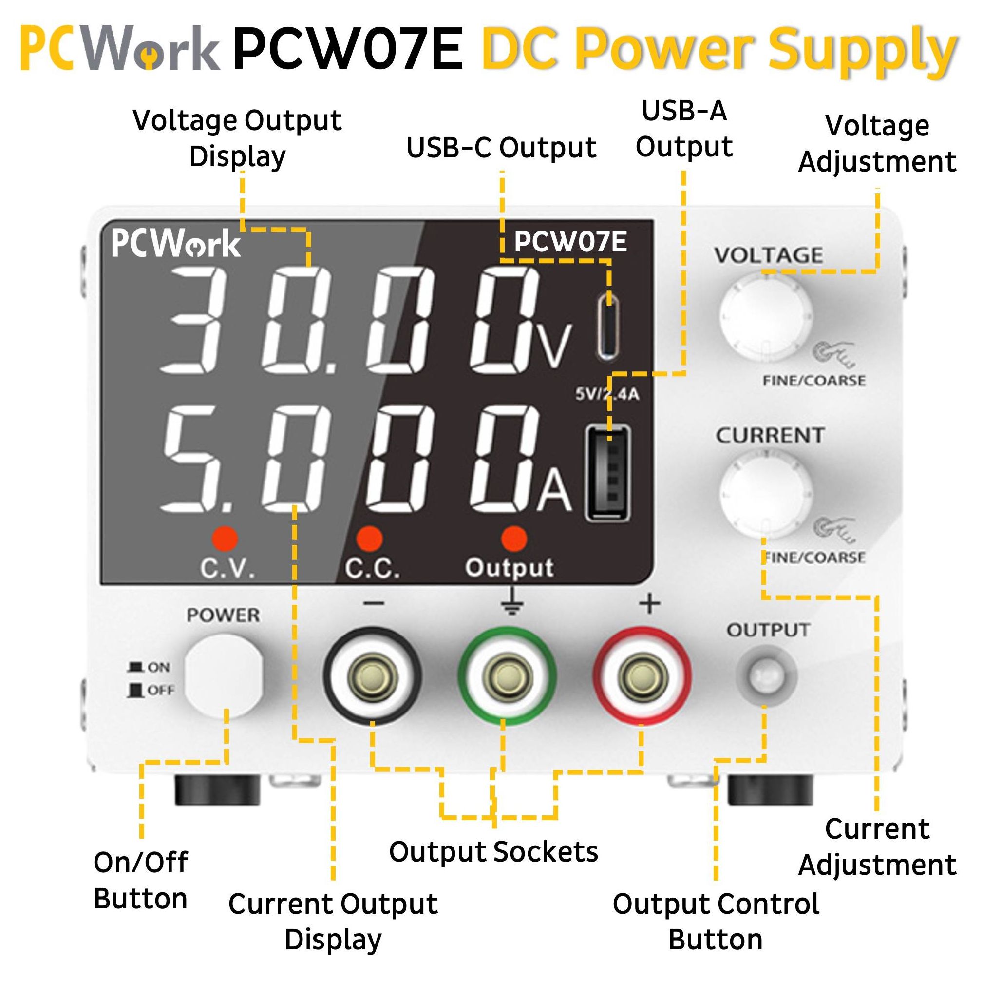 Labornetzteil 0-30V / 5A DC | 150W regelbares Netzgerät mit USB & Typ-C