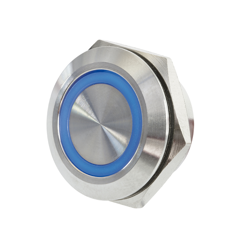 Vollmetalltaster kurz 16 mm mit Ringbeleuchtung blau