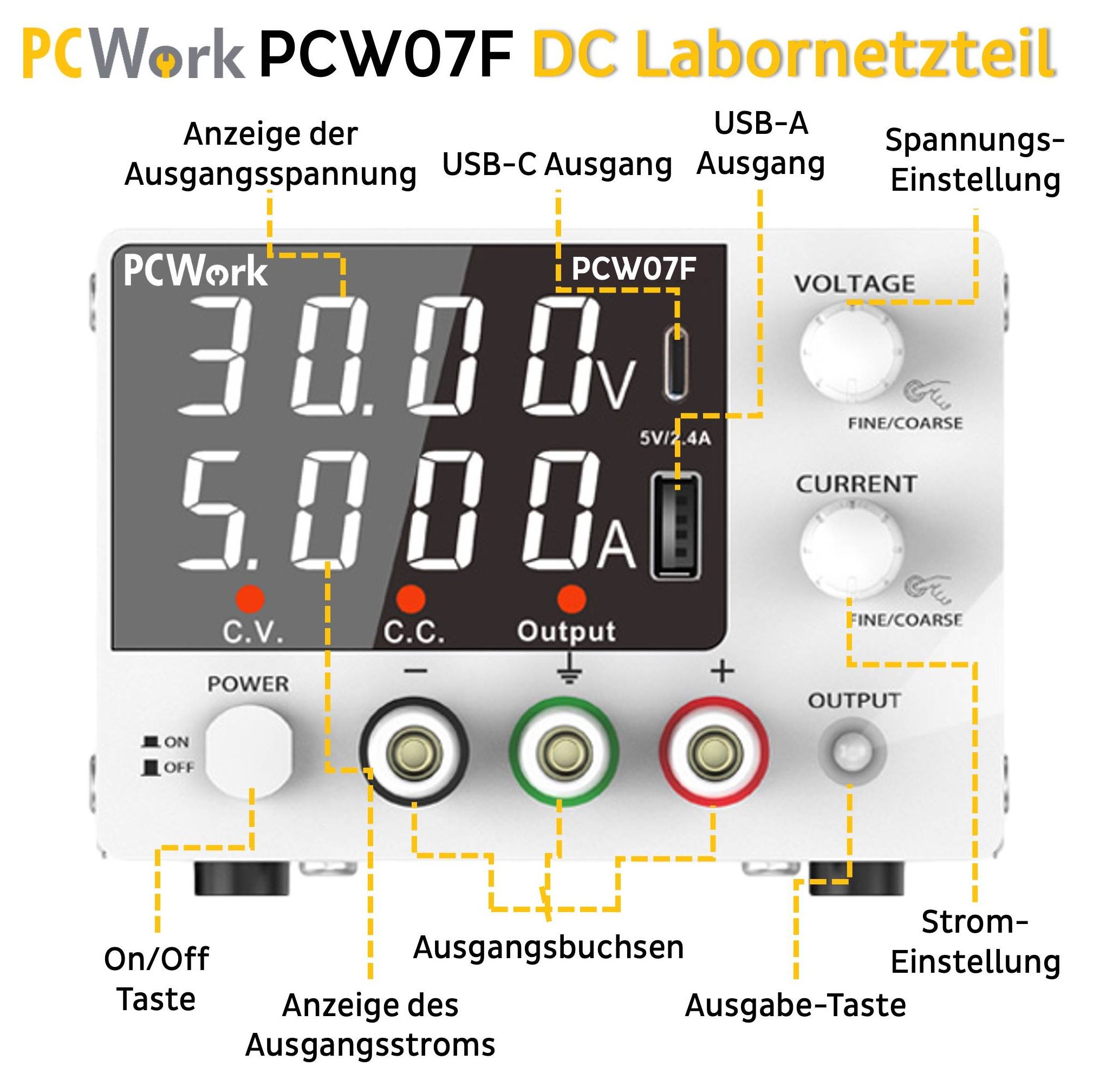 Labornetzteil 0-30V / 10A DC | 300W regelbares Tischnetzgerät mit USB & Typ-C