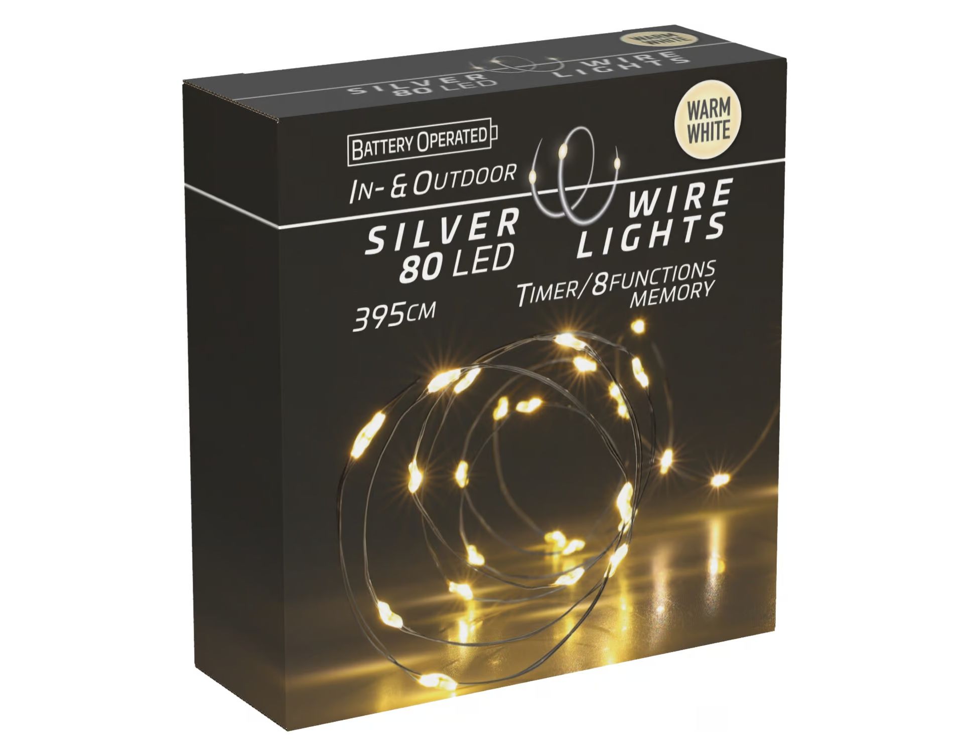 LED-Lichterkette warmweiß, Batteriebetrieben, 80 LEDs, Silberdraht, Innen/Außen, 3,95m