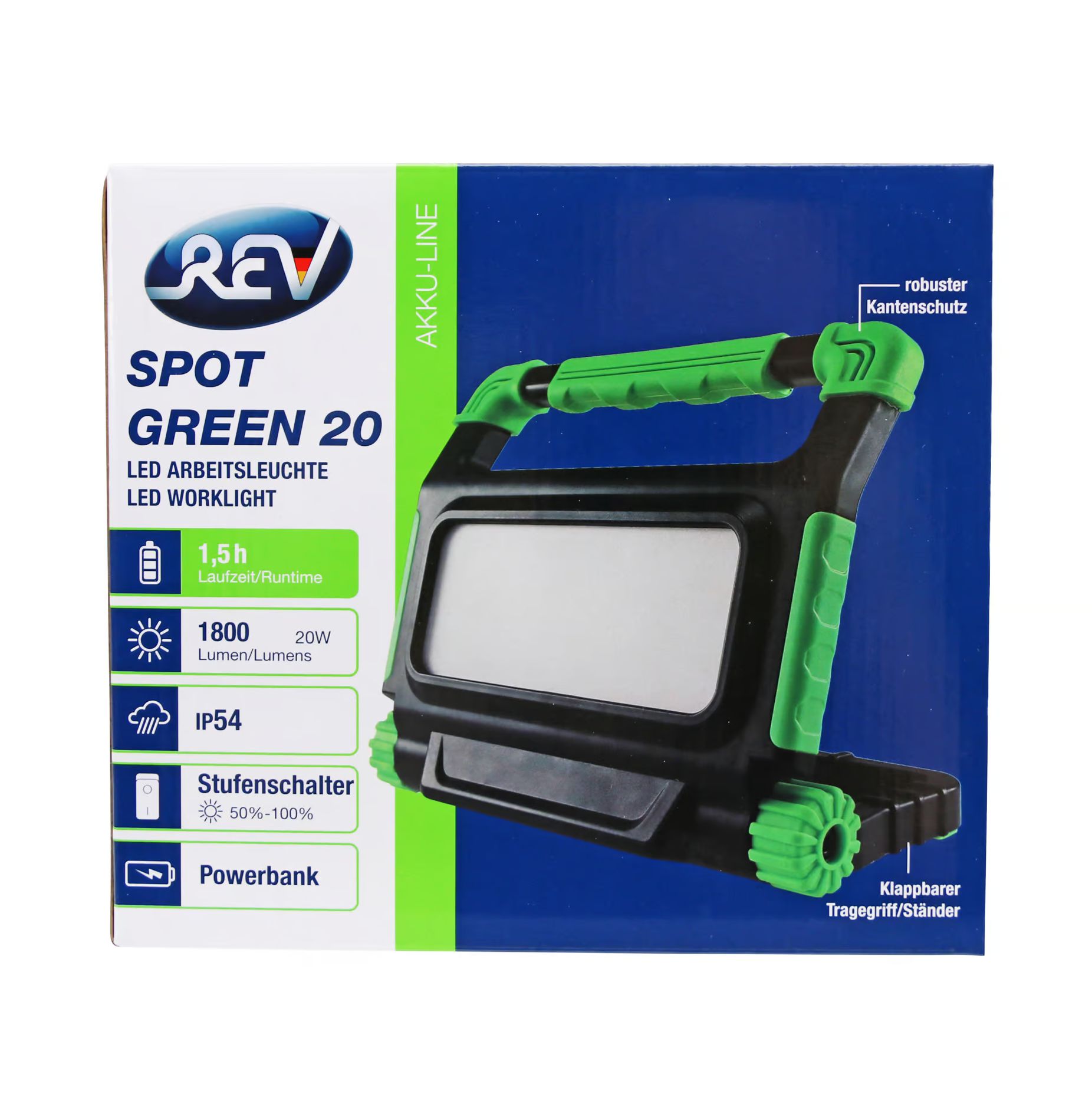 LED Arbeitsleuchte Spot Green 20, 20W, 6500K, 1800lm, tageslichtweiß, IP54, schwarz/grün
