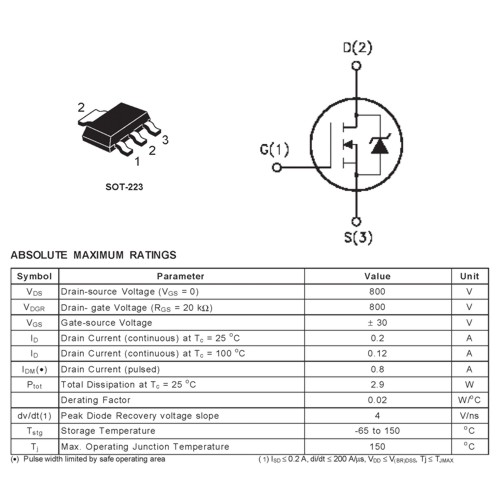 STN1NB80 N-Channel MOSFET 800V/0,2A, 10er Pkg.