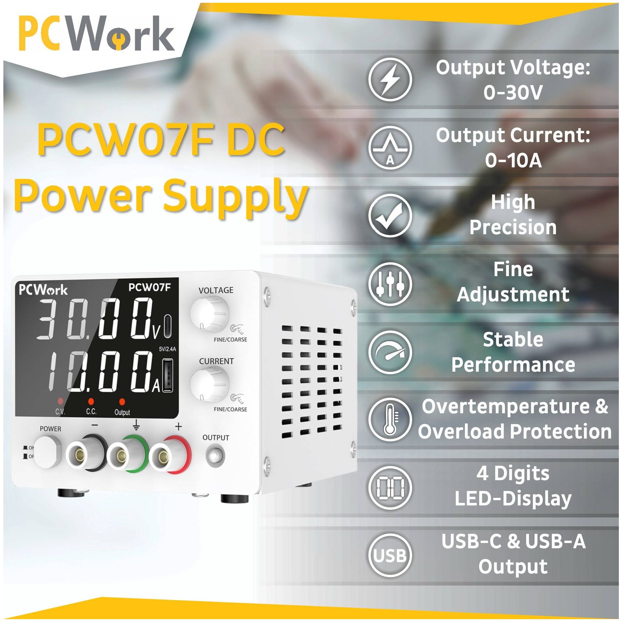 Labornetzteil 0-30V / 10A DC | 300W regelbares Tischnetzgerät mit USB & Typ-C
